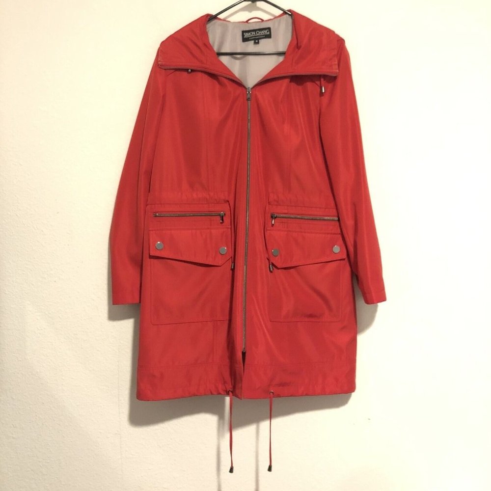 Simon Chang Red Satin Full Zip Jacket Detachable Hood Women Size 10
